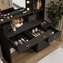 HAOYYE Black Vanity Table with Mirror & Hair Dryer Rack, Modern Makeup Desk with Dressing Mat, Storage Drawers, and Shelves for Bedroom & Dressing Room, Stylish Makeup Vanity with Functional Design