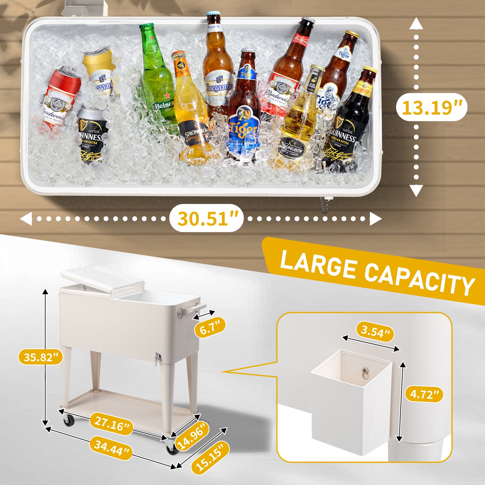 HAOYYE Milk White Rolling Cooler Cart Outdoor Beverage Tub with Bottle Opener Cap Catcher Insulated Ice Chest on Wheels Locking Casters for Patio Pool Party BBQ Camping