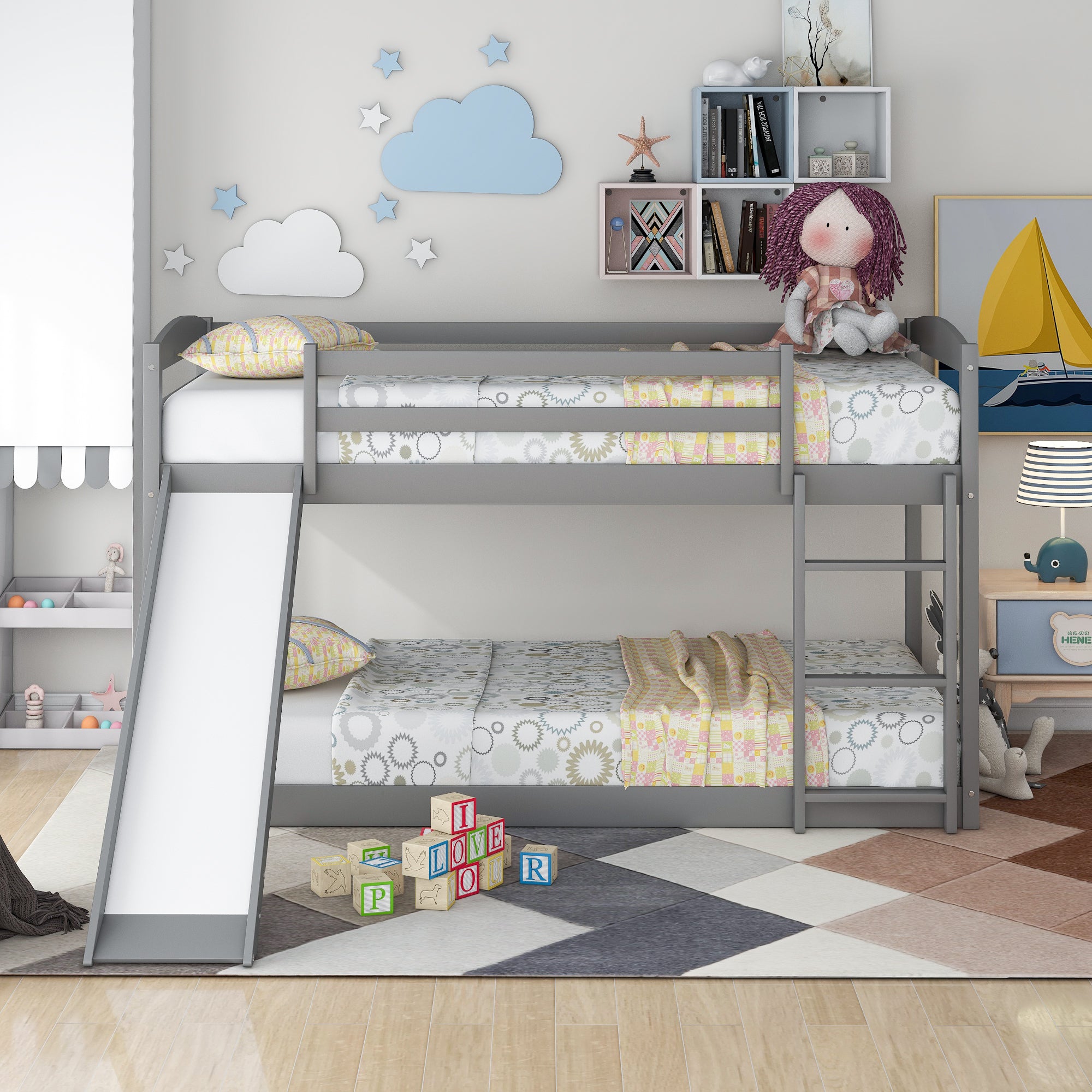 HAOYYE Twin over Twin Bunk Bed with Convertible Slide and Ladder , Gray(Old SKU:WF281725AAE) Sturdy Space-Saving Heavy Duty Modern Design Adults Dorm Room Easy Assembly Bedroom Furniture
