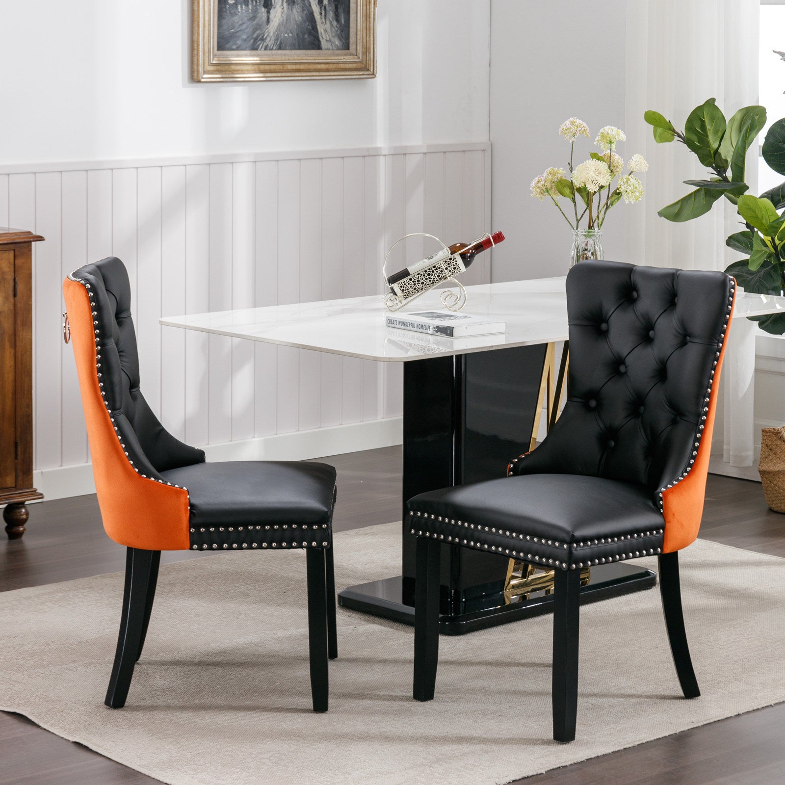 HAOYYE Nikki Collection Modern, High-end Tufted Solid Wood Contemporary PU and Velvet Upholstered Dining Chair with Wood Legs Nailhead Trim 2-Pcs Set lack+Orange, SW2101BO Sturdy Space-Saving
