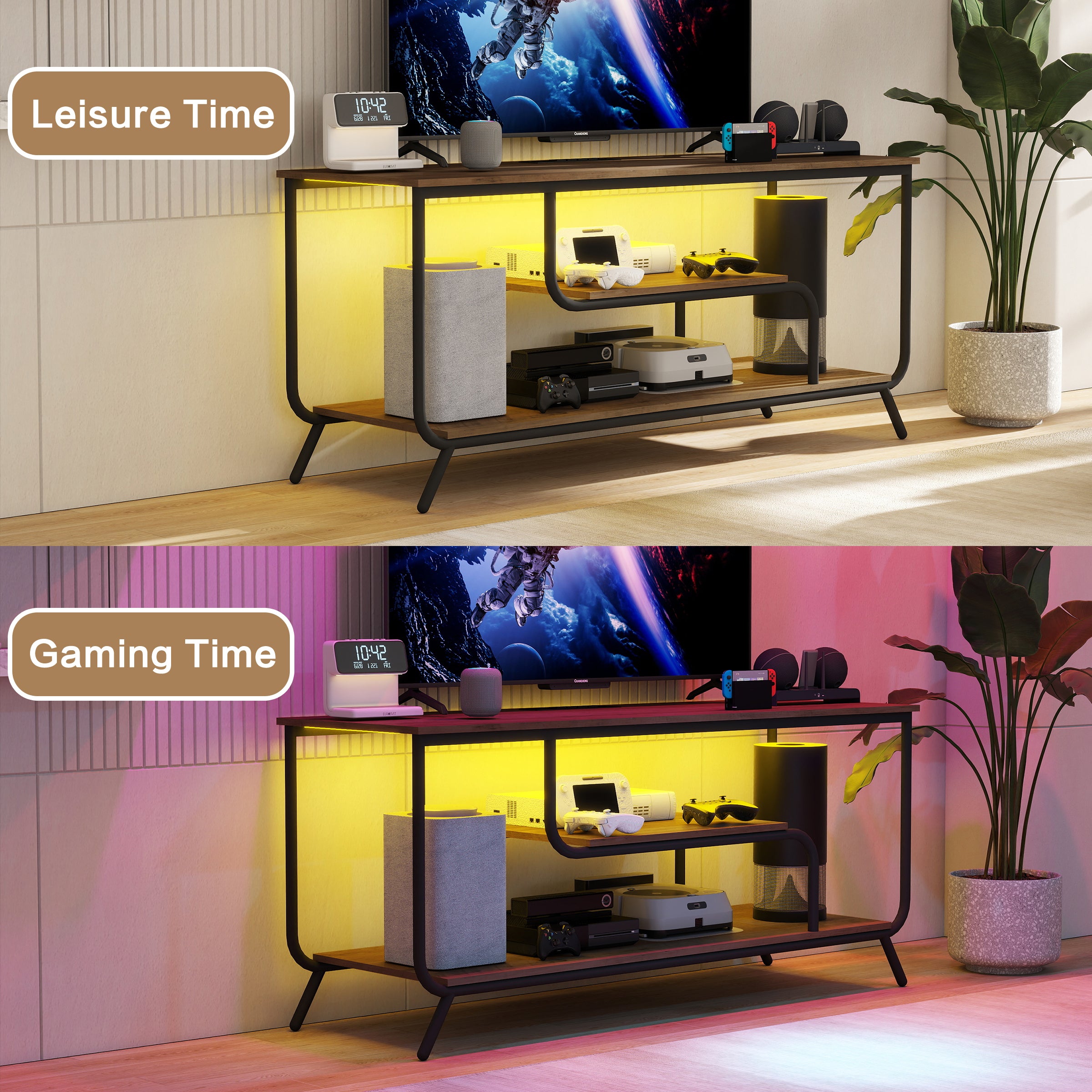 HAOYYE Modern TV Stand With Power Outlets And LED Lights, Entertainment Center With Shelves, TV Console Table For Living Room And Bedroom, Light Gray Sturdy Space-Saving Heavy Duty Design
