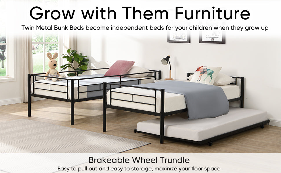 HAOYYE Over Twin Bunk Bed Frame with Trundle,Metal Bunkbed with Sturdy Guard Rail and 2 sideLadders for /Adults,Can be Divided Into Two Beds, No Box Spring Needed, Noise Free for Dorm,Black Space-Saving