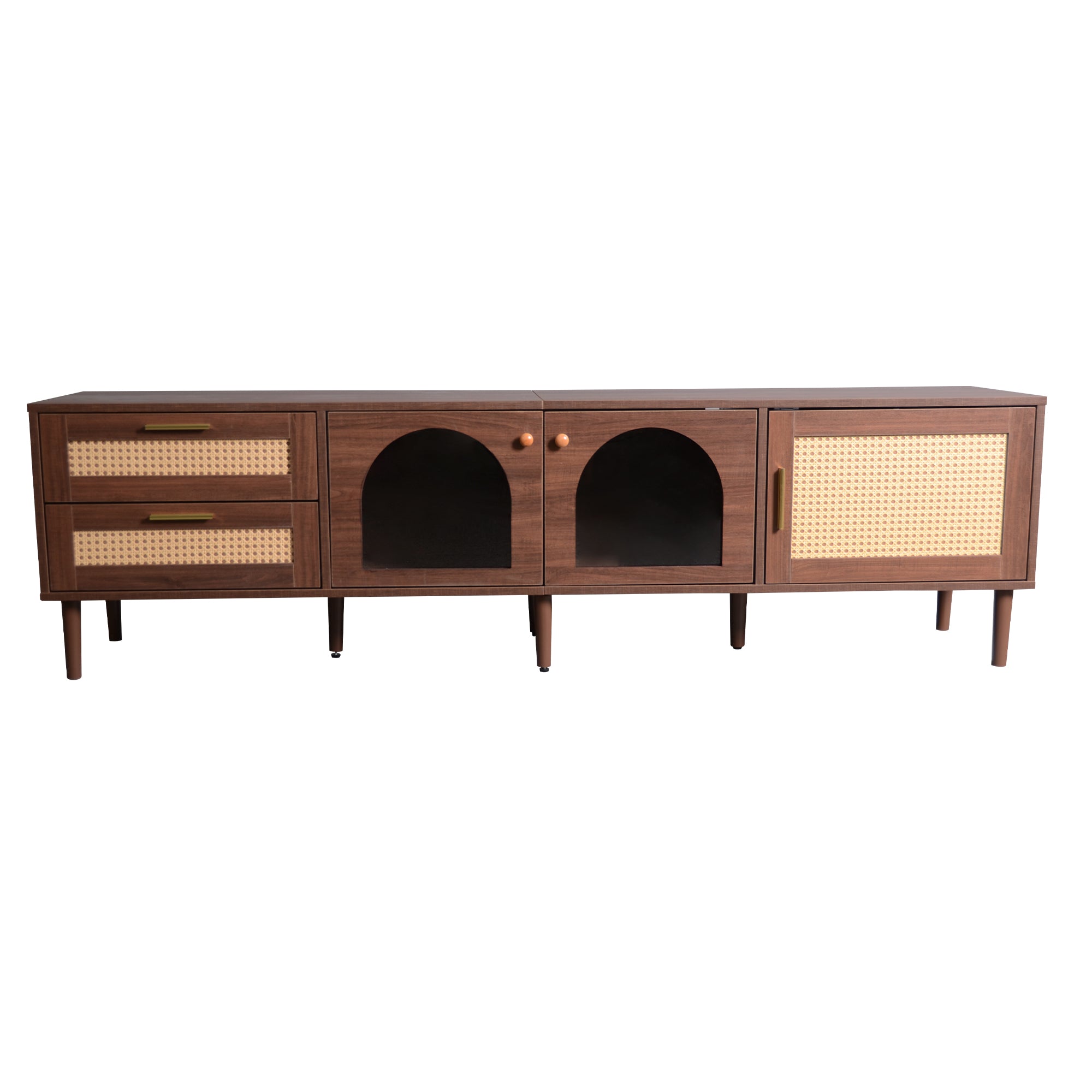 HAOYYE Rattan TV Stand with 3 Cabinets & 2 Drawers, Rattan-Inspired Media Console Table for TVs up to 80", LED Light Entertainment Center, TV Cabinet for Living Room, Bedroom, Home Theater, Sturdy Heavy Duty Construction
