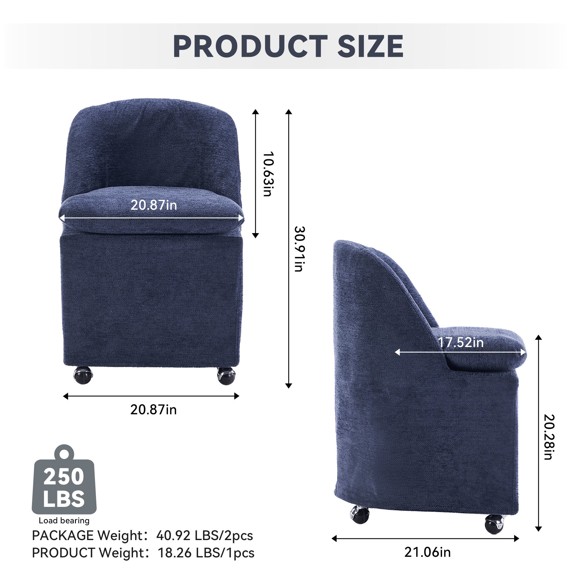 HAOYYE 058-Set of 2 Chenille Fabric Dining Chairs With Universal Wheels,Blue Sturdy Space-Saving Heavy Duty Modern Design Adults Dorm Room Easy Assembly Bedroom Furniture