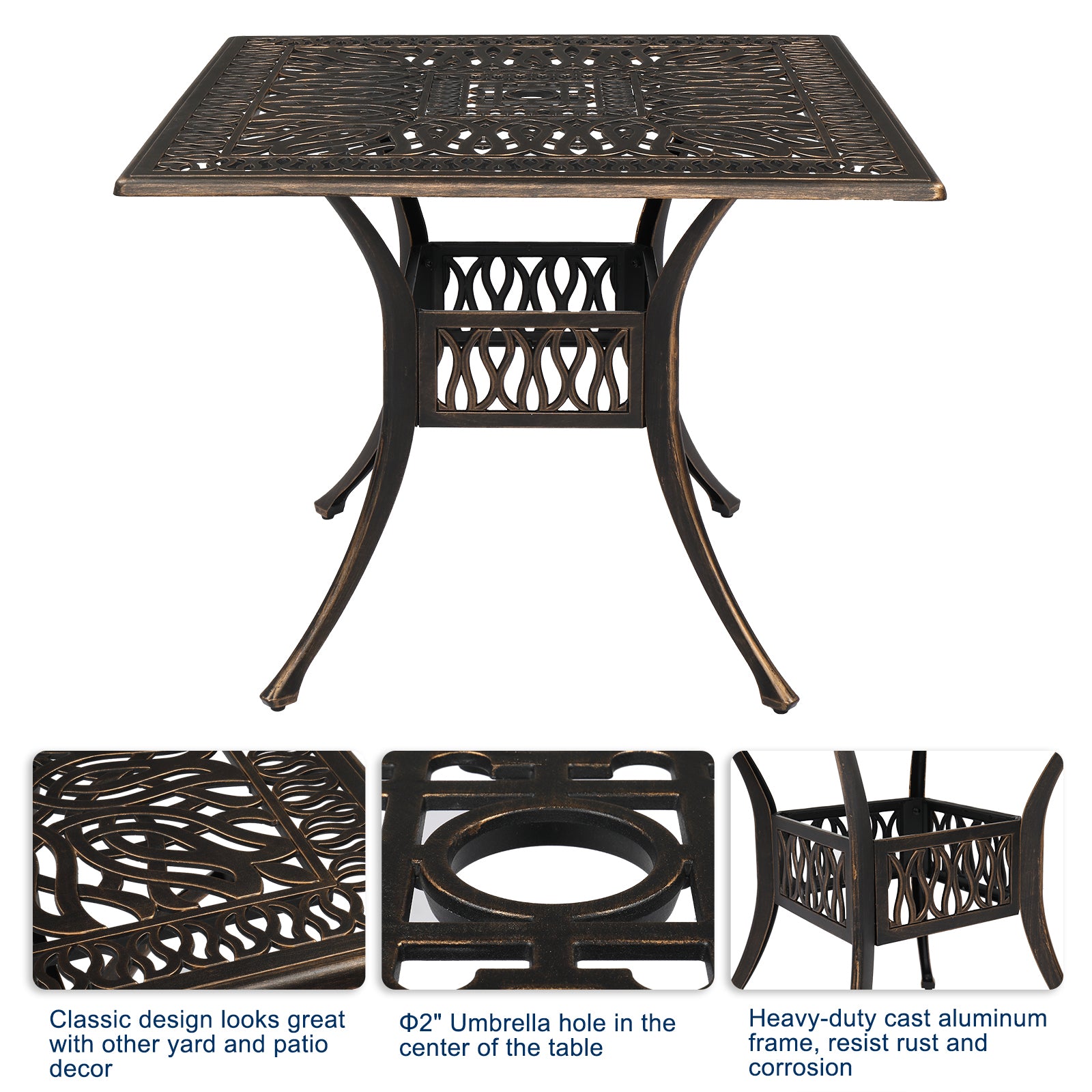 HAOYYE Cast Aluminum Patio Table Bronze Outdoor Square Bistro Table Weather Resistant Courtyard Garden Table with Vintage Style Design for Balcony Backyard Deck Porch