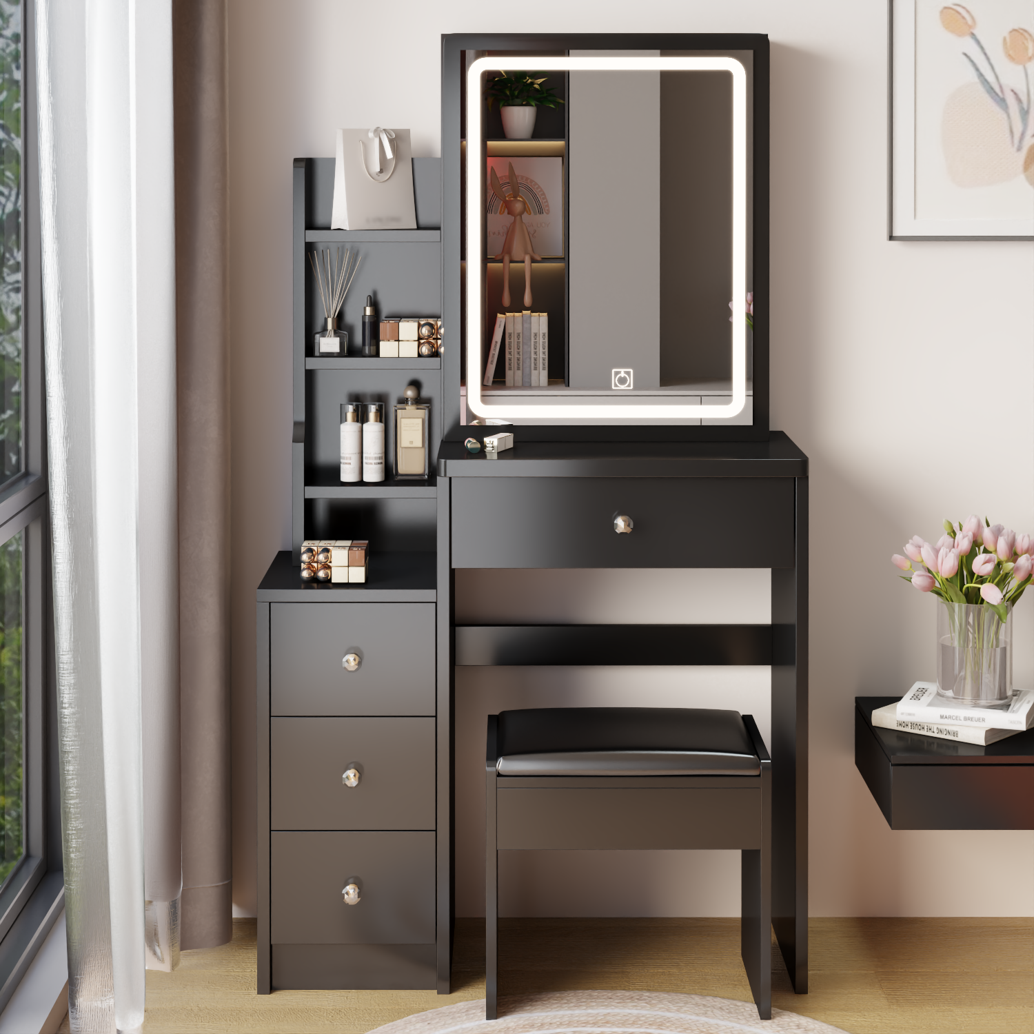 HAOYYE Small Space Left Bedside Cabinet Vanity Table + Cushioned Stool, Extra Large Touch Control Sliding LED Mirror, Tri-color Switching, Brightness Adjustable, Suitable for Girls No More Than 5.6ft Tall
