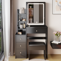 HAOYYE Small Space Left Bedside Cabinet Vanity Table + Cushioned Stool, Extra Large Touch Control Sliding LED Mirror, Tri-color Switching, Brightness Adjustable, Suitable for Girls No More Than 5.6ft Tall