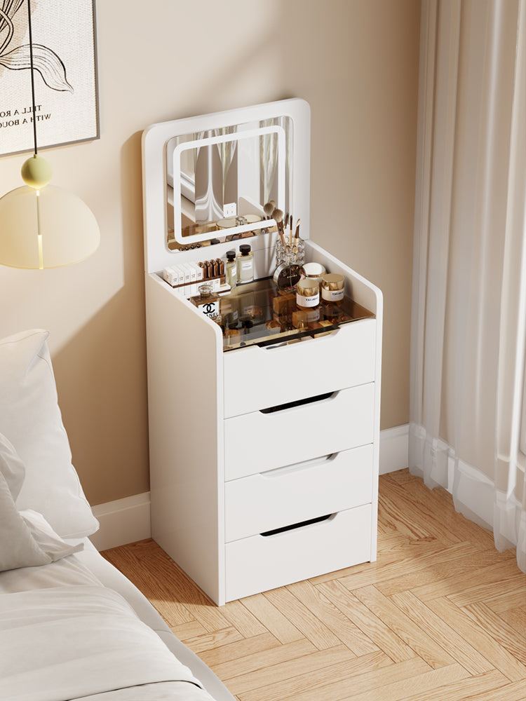 HAOYYE 3-in-1 Vanity Desk with Flip-Top Mirror, Small Makeup Vanity Set with Glass Desktop, Compact Dressing Table with 3 Drawers and Cushioned Stool, Christmas Gift, Sturdy and Stylish Home Furniture