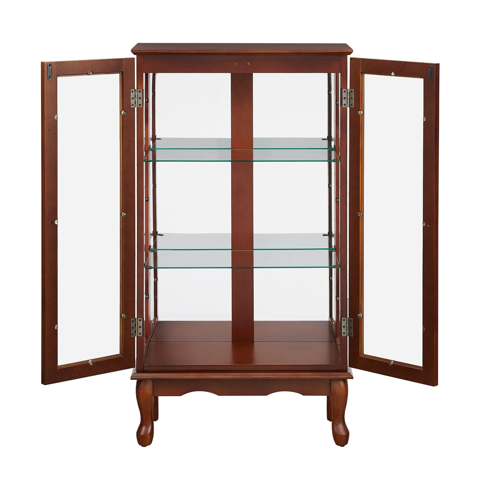HAOYYE Lighted Curio Cabinet With Adjustable Shelves, Mirrored Back Panel, Tempered Glass Doors, Walnut Finish, 3 Tier Sturdy Space-Saving Heavy Duty Display Case For Living Room, Dining Room, Office