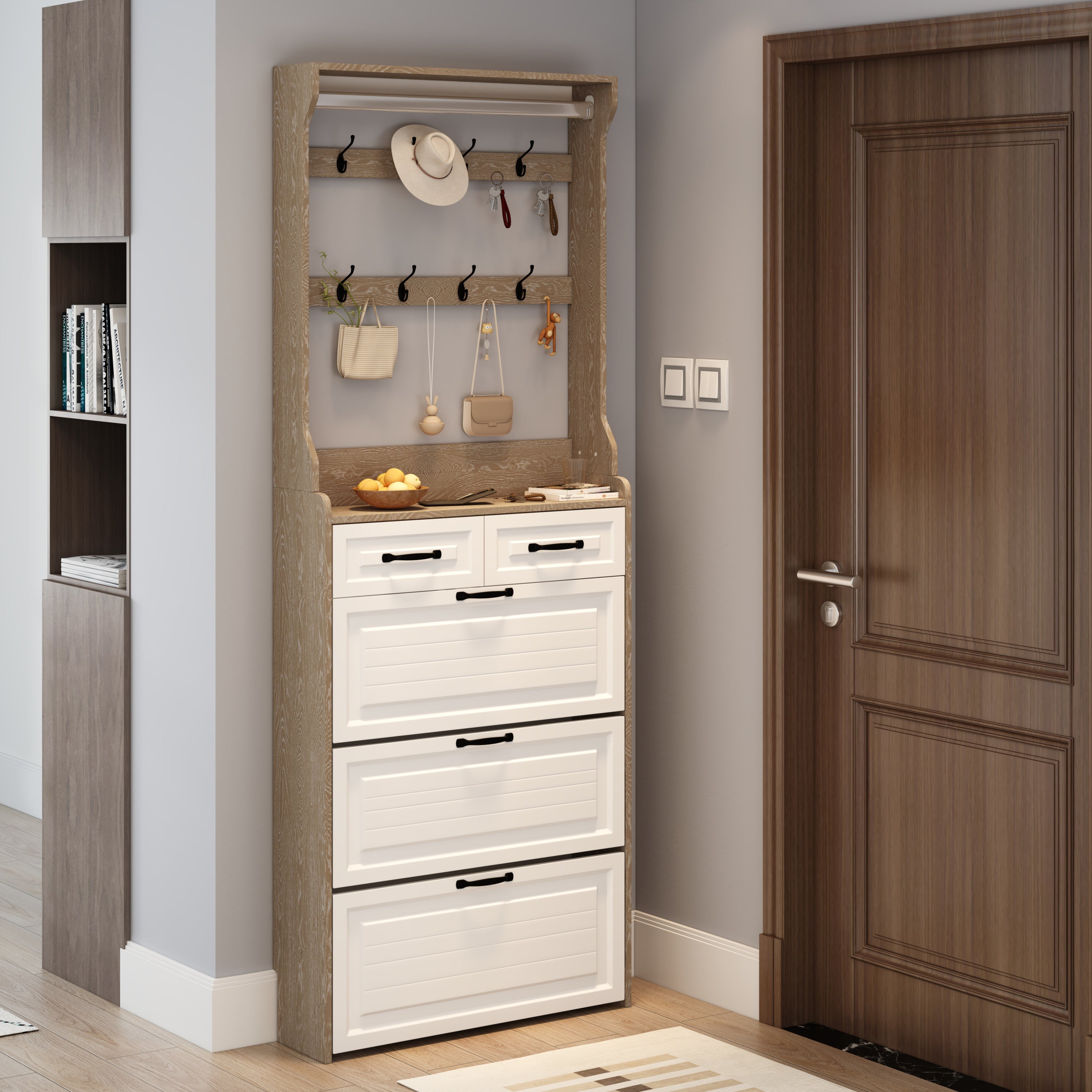 HAOYYE Oak Shoe Cabinet With 3 Doors And 2 Drawers, Large Storage Capacity With Hanger, Modern Sturdy Space-Saving Design For Bedrooms, Dorm Rooms, And Entryways, Heavy Duty And Easy To Assemble