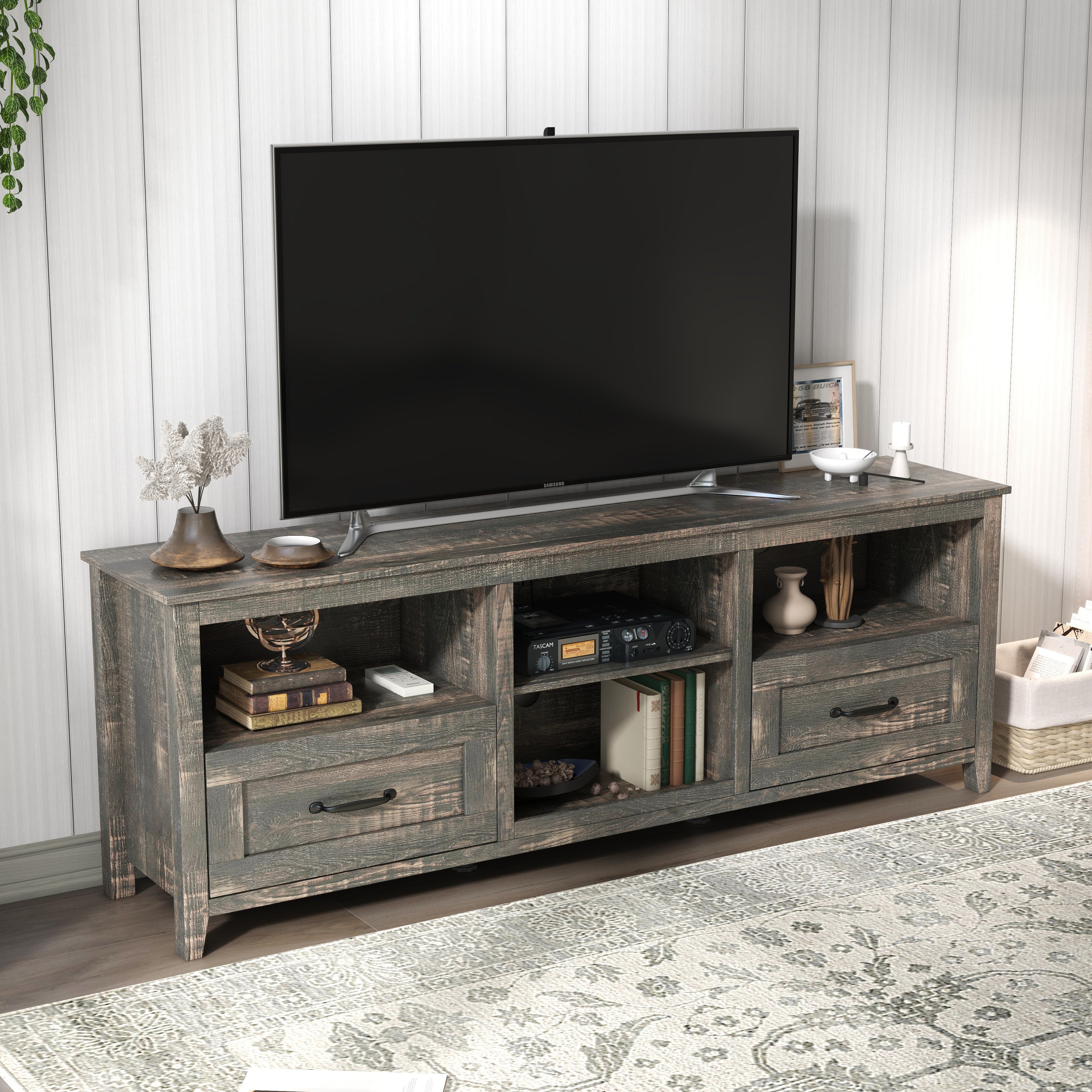 HAOYYE Black Pine TV Stand, Modern Heavy-Duty Storage Console For Living Room Or Bedroom, With 2 Drawers & 4 Spacious Storage Compartments, Sturdy Space-Saving Design, Easy Assembly