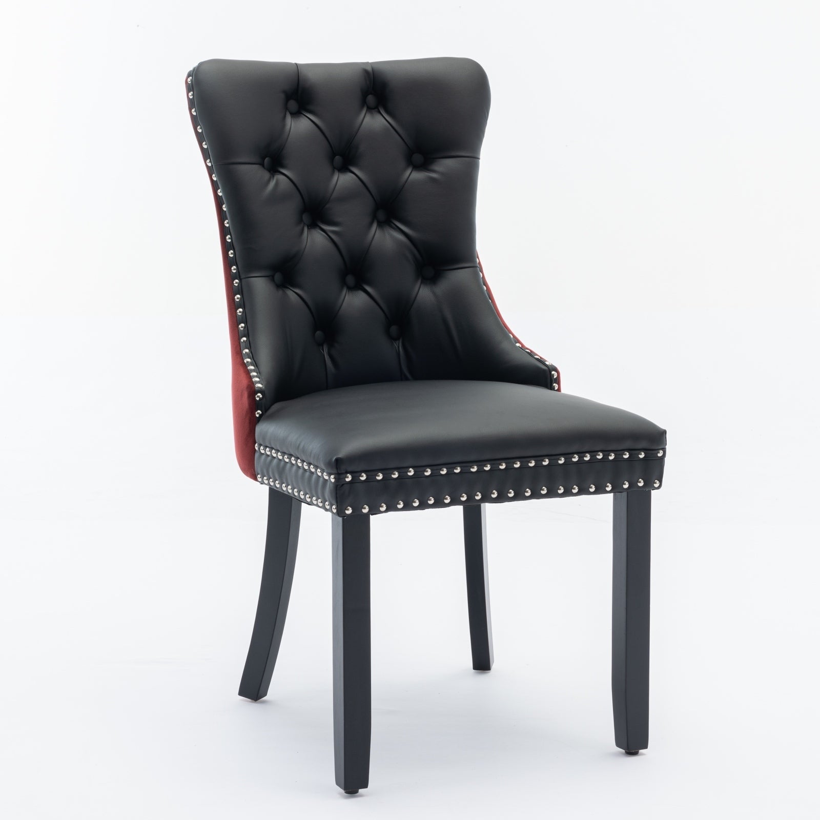 HAOYYE Nikki Collection Modern, High-end Tufted Solid Wood Contemporary PU and Velvet Upholstered Dining Chair with Wood Legs Nailhead Trim 2-Pcs Set, Black+WineRed, Burgundy,SW2101BW Sturdy