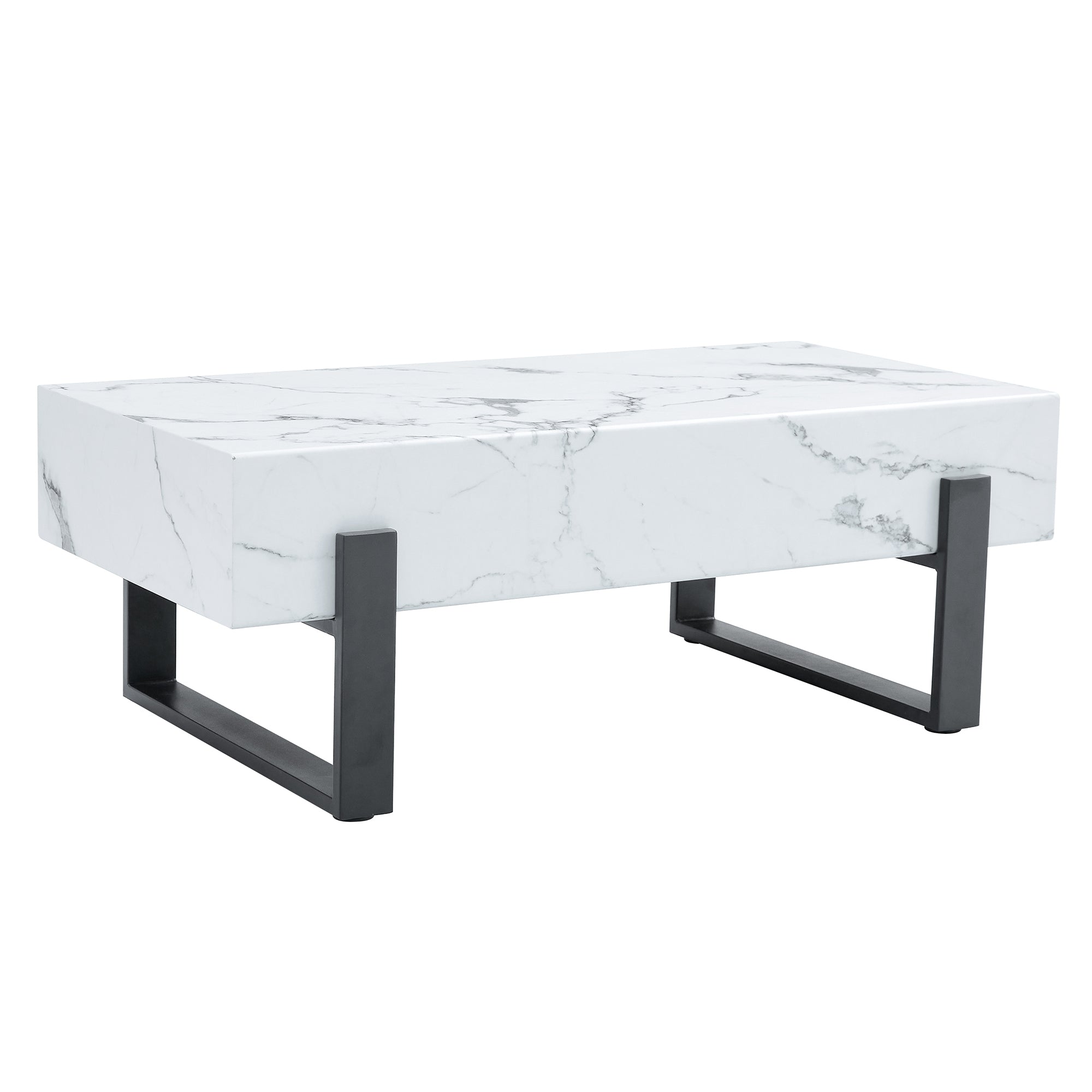 HAOYYE Black And White Minimalist MDF Coffee Table With Marble Pattern Sticker And Black Metal Leg Spray Coating, Modern And Simple Design For Living Room, Bedroom And Office, Sturdy Space-Saving Heavy Duty Furniture For Contemporary Home Decor