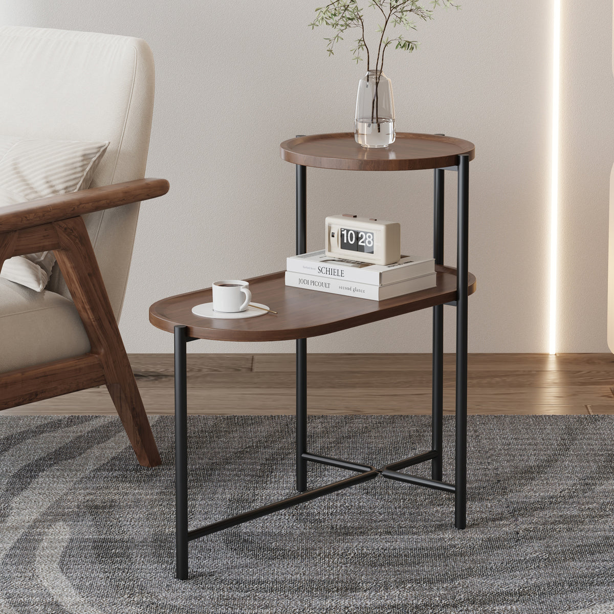 HAOYYE Small Coffee Table 2-Tier Modern Sofa Side Table with Wood Storage Shelf Living Room End Table Nightstand Walnut Brown Sturdy Space-Saving Heavy Duty Modern Design for Adults Dorm Room
