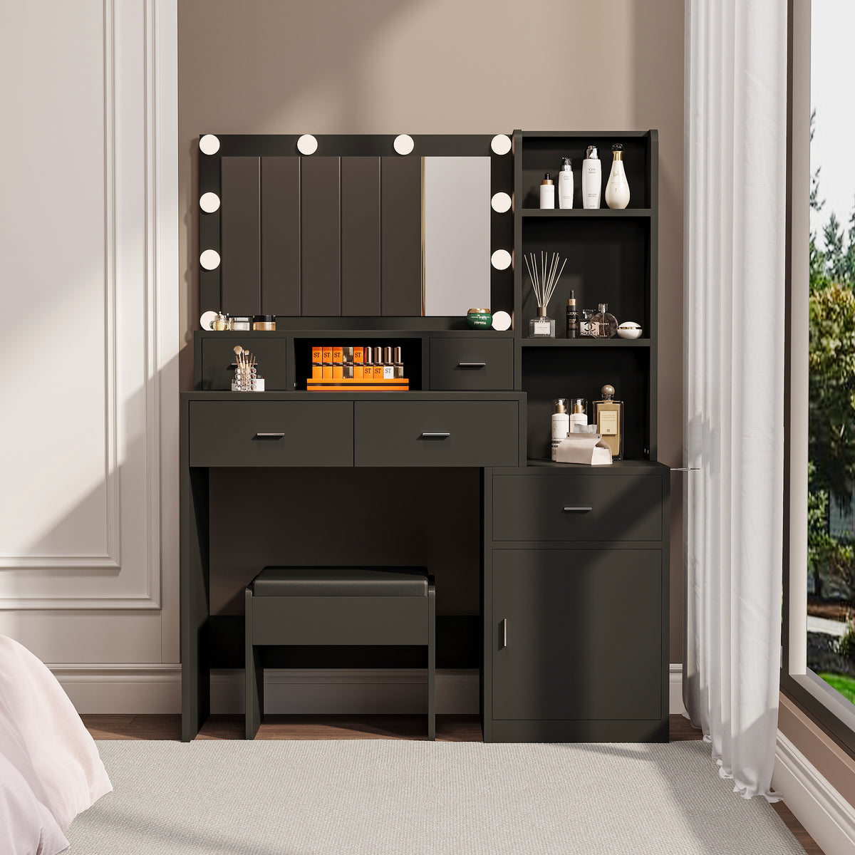HAOYYE Black Vanity Table with Mirror & Hair Dryer Rack, Modern Makeup Desk with Dressing Mat, Storage Drawers, and Shelves for Bedroom & Dressing Room, Stylish Makeup Vanity with Functional Design