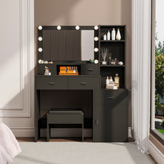 HAOYYE Black Vanity Table with Mirror & Hair Dryer Rack, Modern Makeup Desk with Dressing Mat, Storage Drawers, and Shelves for Bedroom & Dressing Room, Stylish Makeup Vanity with Functional Design