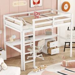 HAOYYE Twin Loft Wood Bed with Under-Bed Built-In Desk and Two-Drawer Storage Cabinet, Guardrails, and Ladder, White Sturdy Space-Saving Design, Heavy Duty Construction, Easy Assembly, Durable Stylish Home Furniture