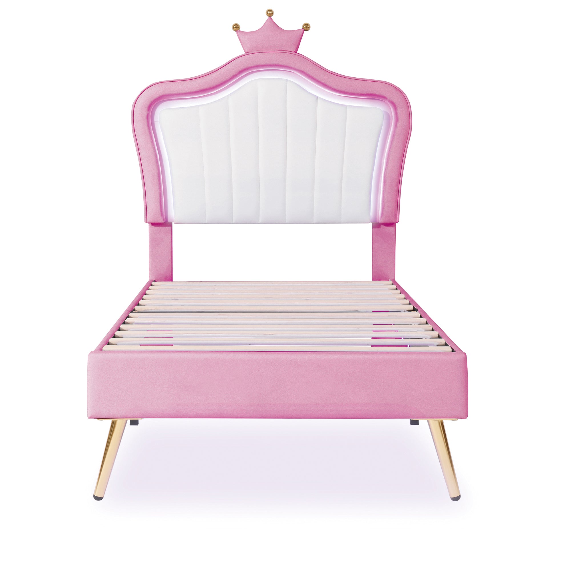 HAOYYE Twin Size Upholstered Bed Frame with LED Lights, Modern Upholstered Princess Bed With Crown Headboard,White+Pink Sturdy Space-Saving Heavy Duty Modern Design Adults Dorm Room Easy Assembly