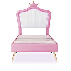 HAOYYE Twin Size Upholstered Bed Frame with LED Lights, Modern Upholstered Princess Bed With Crown Headboard,White+Pink Sturdy Space-Saving Heavy Duty Modern Design Adults Dorm Room Easy Assembly