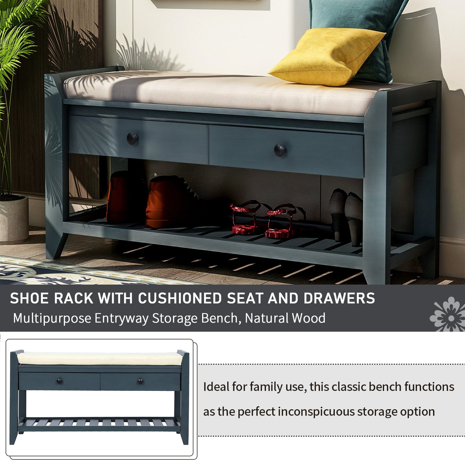 HAOYYE Shoe Rack with Cushioned Seat and Drawers, Multipurpose Entryway Storage Bench, Antique Navy, Sturdy Space-Saving Design, Heavy Duty Construction, Easy Assembly, Durable and Stylish Home Furniture, Versatile for Hallway or Bedroom Use