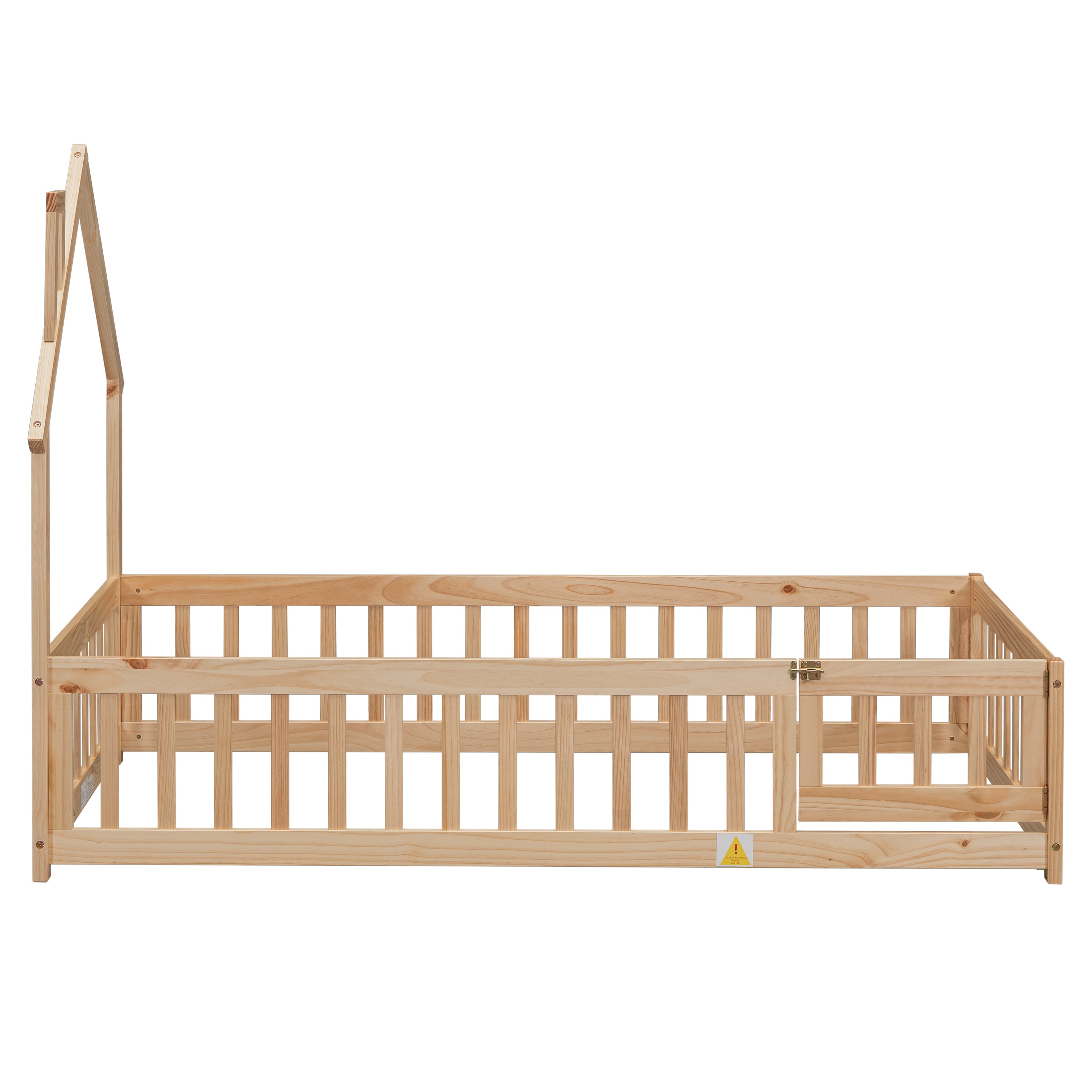 HAOYYE Twin House-Shaped Headboard Floor Bed with Fence ,Natural Sturdy Space-Saving Heavy Duty Modern Design Adults Dorm Room Easy Assembly Bedroom Furniture