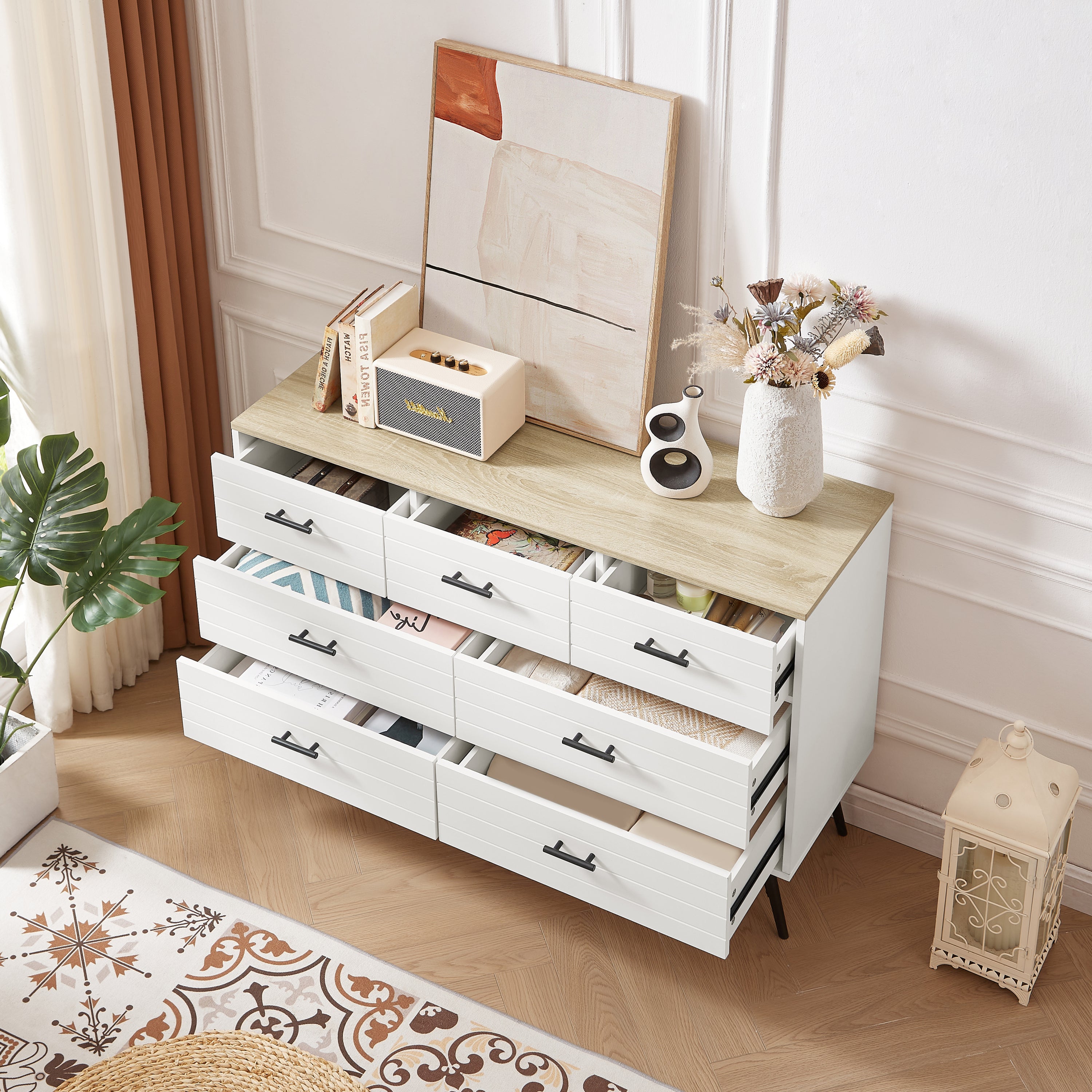 HAOYYE 7-Drawer Dresser for Bedroom with Deep Drawers, Modern White Wood Chest of Drawers, Long Storage Dresser for Closet and Living Room, White & Oak, Sturdy Space-Saving Design, Ideal for Organizing Clothes and Essentials