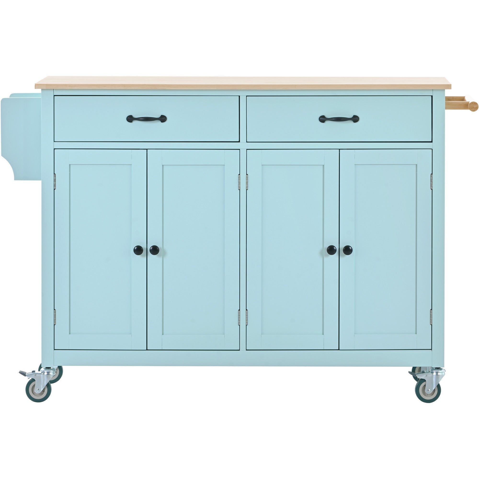 HAOYYE Kitchen Island Cart, Mint Green, with Solid Wood Top, 4-Door Cabinet, 2 Drawers, Adjustable Shelves, Spice Rack, Towel Bar, and 2 Locking Wheels. Modern, Space-Saving, Sturdy Heavy Duty Design for Easy Assembly and Versatile Use