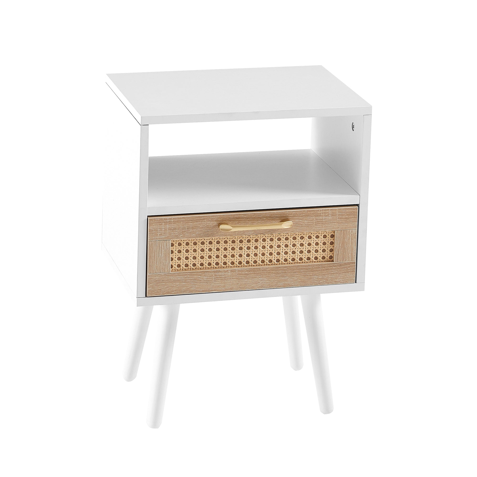 HAOYYE Rattan End Table With Drawer And Solid Wood Legs, Modern Nightstand For Bedroom And Living Room, Sturdy Space-Saving Heavy Duty Design, Easy Assembly, White