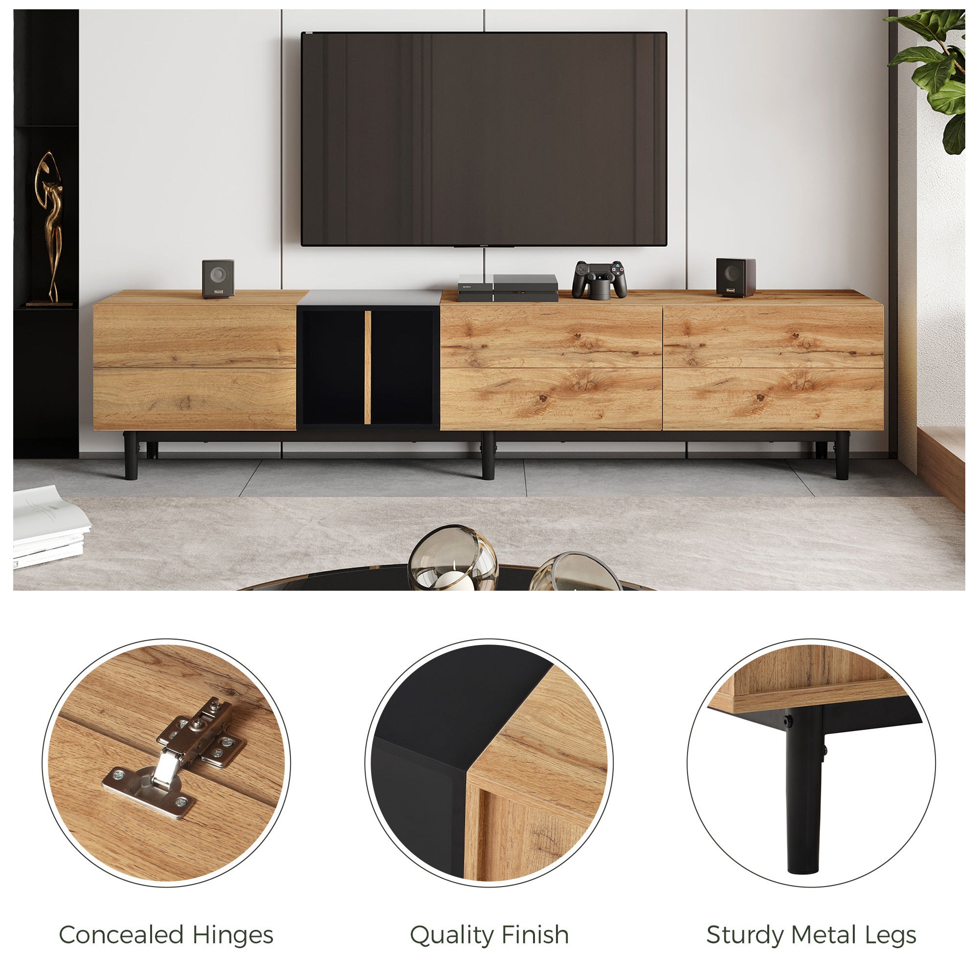 HAOYYE Modern TV Stand for 80'' TV with 3 Doors, Media Console Table, Entertainment Center with Large Storage Cabinet for Living Room, Bedroom Sturdy Space-Saving Heavy Duty Modern Design Adults