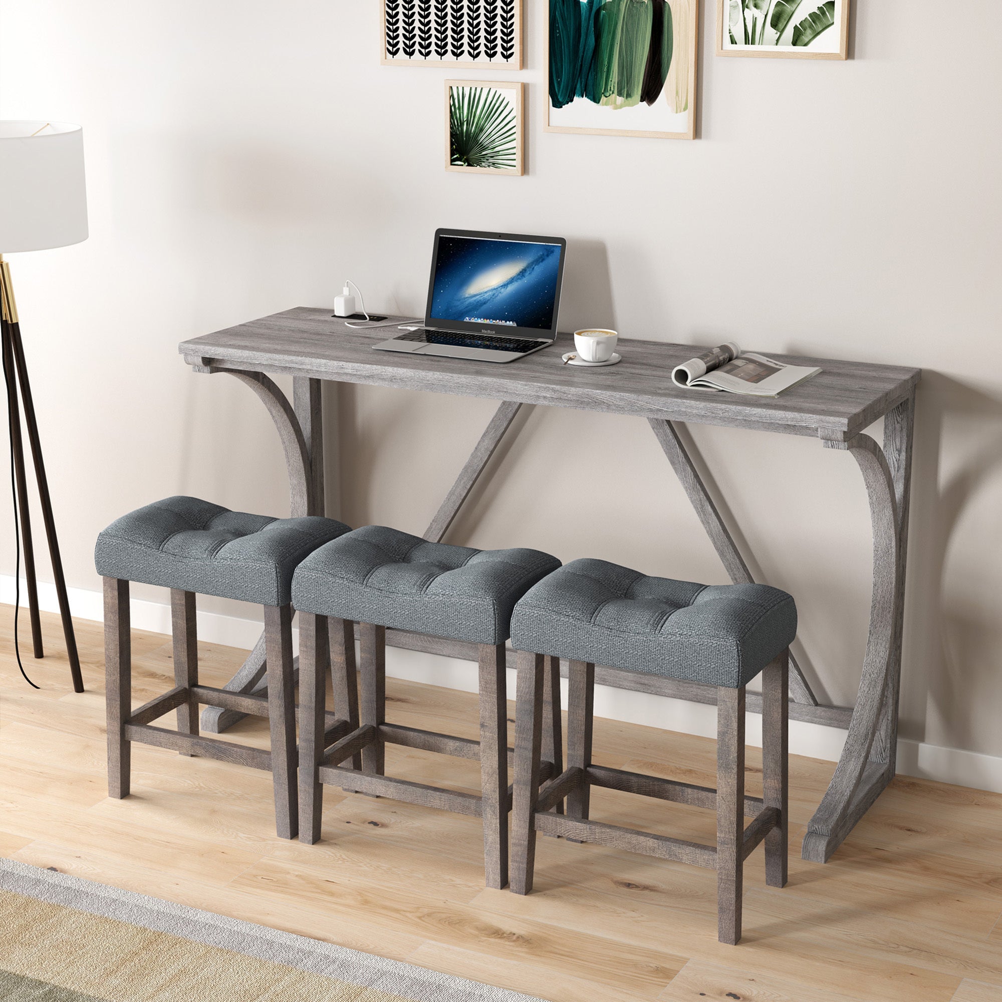 HAOYYE Bar Table Set with Power Outlet, Bar Table and Chairs Set, 4 Piece Dining Table Set, Industrial Breakfast Table Set, for Living Room, Dining Room, Game Room Sturdy Space-Saving Heavy Duty Adults