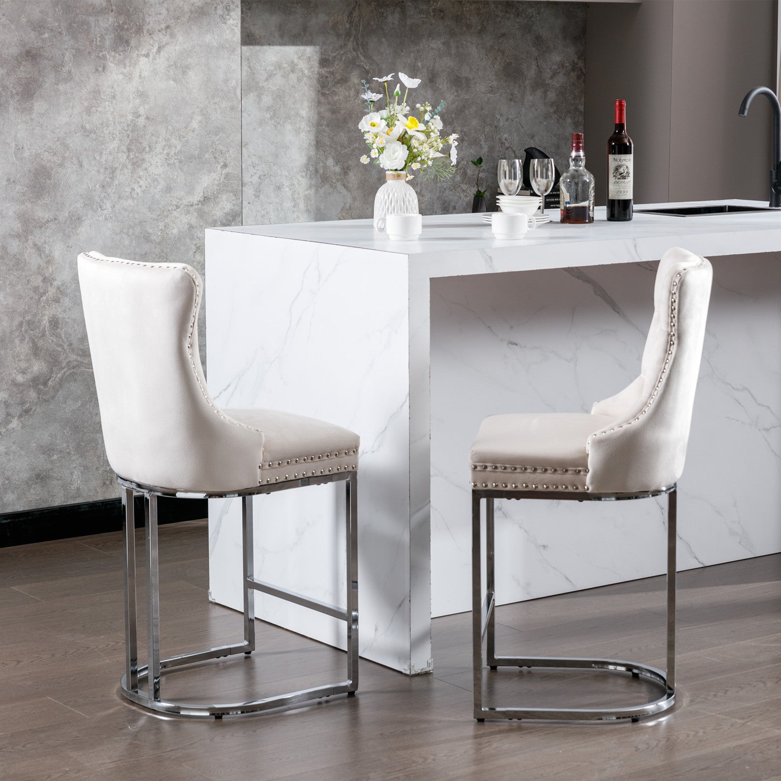 HAOYYE 26" Counter Height Bar Stools Set of 2, Modern Velvet Barstools with Button Back&Rivet Trim Upholstered Kitchen Island Chairs with Sturdy Chromed Metal Base Legs Farmhouse Bar Stools, (Beige,2 Pack)