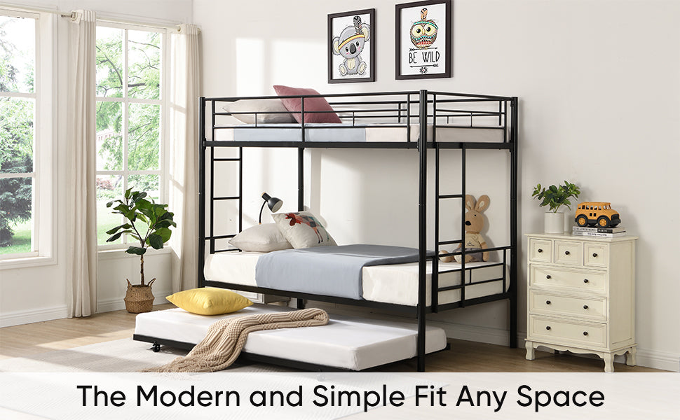 HAOYYE Over Twin Bunk Bed Frame with Trundle,Metal Bunkbed with Sturdy Guard Rail and 2 sideLadders for /Adults,Can be Divided Into Two Beds, No Box Spring Needed, Noise Free for Dorm,Black Space-Saving