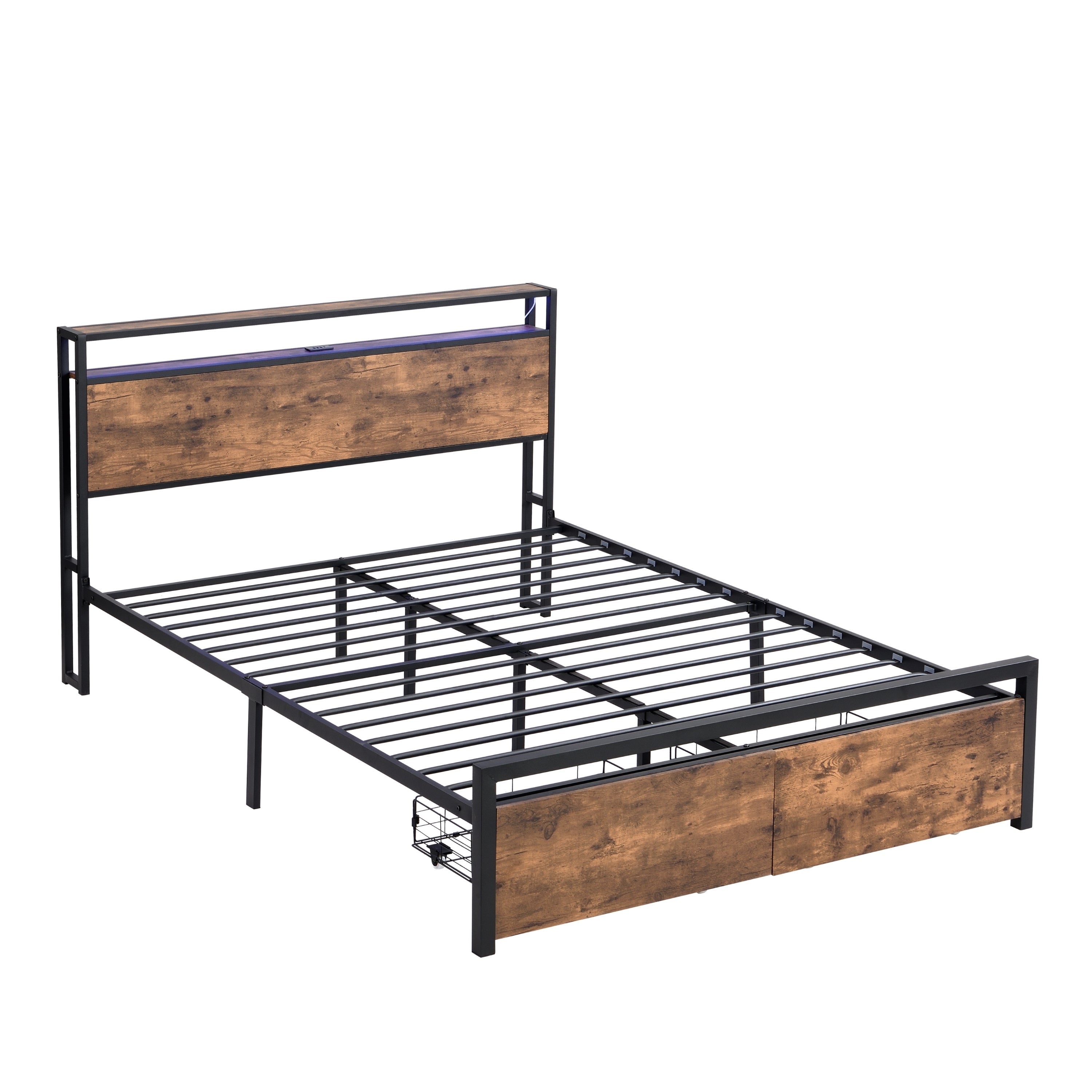 HAOYYE Full Size Bed Frame with Storage Headboard and 2 Drawers, LED Lights Bed with Charging Station, Metal Platform Bed No Noise, Mattress Foundation Strong Metal Slats Support No Box Spring Needed Sturdy