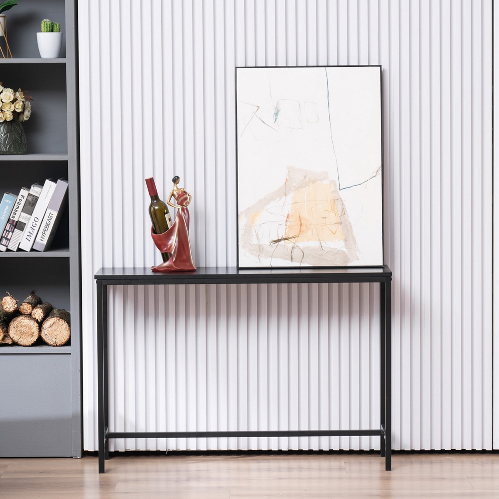 HAOYYE Industrial Style Porch Table Black Oak Triamine Board Single Layer Sturdy Design Durable Multifunctional Modern Home Organizer Practical Stylish Space-Saving Storage Solution for Entryway and Hallway
