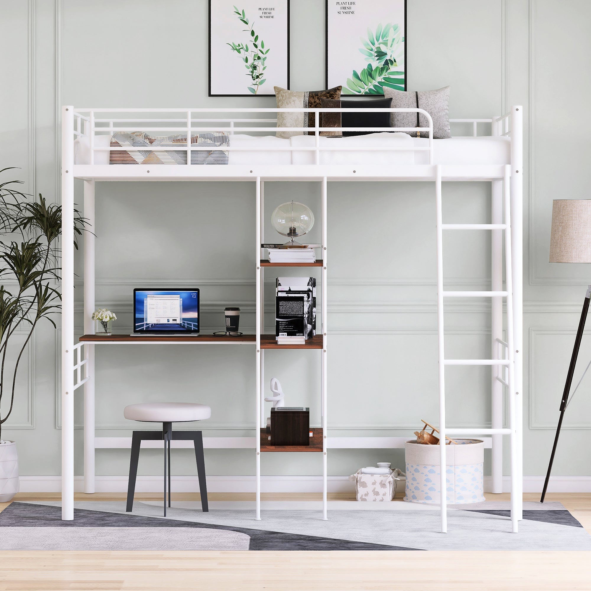HAOYYE Twin Size Metal Loft Bed and Built-in Desk and Shelves,White Sturdy Space-Saving Heavy Duty Modern Design Adults Dorm Room Easy Assembly Bedroom Furniture