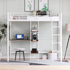 HAOYYE Twin Size Metal Loft Bed and Built-in Desk and Shelves,White Sturdy Space-Saving Heavy Duty Modern Design Adults Dorm Room Easy Assembly Bedroom Furniture