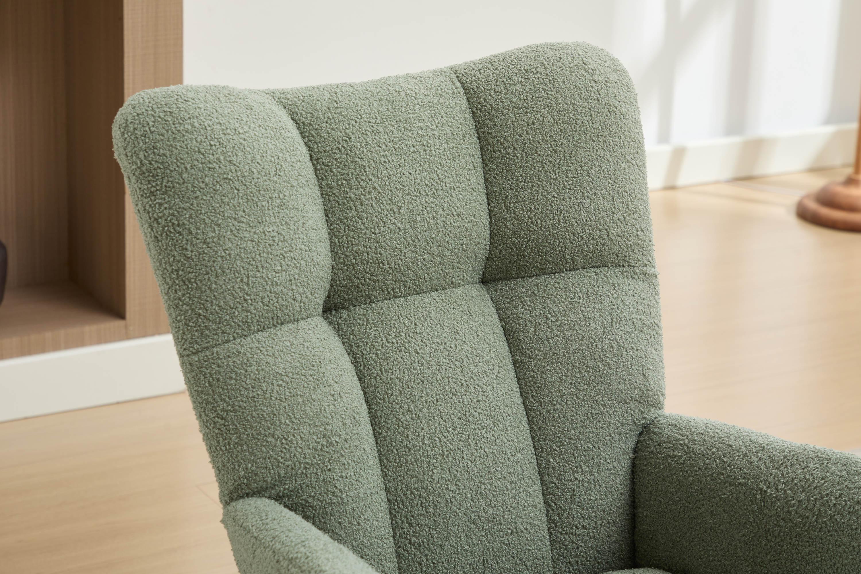 Haoyye Modern Upholstered Nursery Rocking Chair with High Backrest, Teddy Fabric Glider Accent Armchair with Solid Wood Legs and Metal Frame, Comfortable Rocker for Bedroom, Living Room or Lounge, Gentle Swing Chair in Green