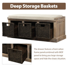 HAOYYE Rustic Storage Bench with 3 Removable Classic Rattan Basket , Entryway Bench with Removable Cushion (White Washed) Sturdy Space-Saving Heavy Duty Modern Design Easy Assembly Durable Stylish