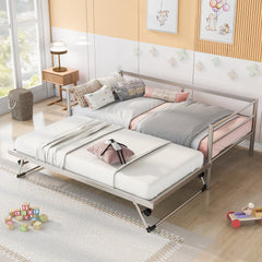 HAOYYE Twin Size Metal Daybed with Adjustable Trundle, Pop Up Trundle, Silver Sturdy Space-Saving Heavy Duty Modern Design Adults Dorm Room Easy Assembly Bedroom Furniture