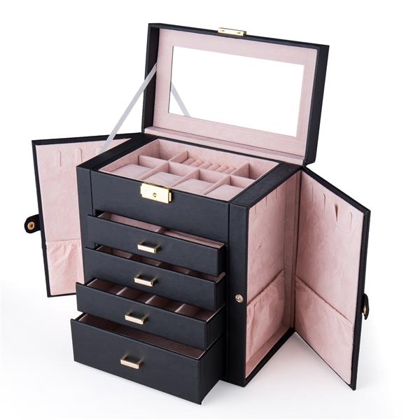 HAOYYE Black Synthetic Leather Jewelry Box – Large Mirrored Watch Organizer With Necklace, Ring, And Earring Storage – Lockable Case With Soft Velvet Lining, Elegant Home Décor, Luxury Design, Perfect Gift For Women