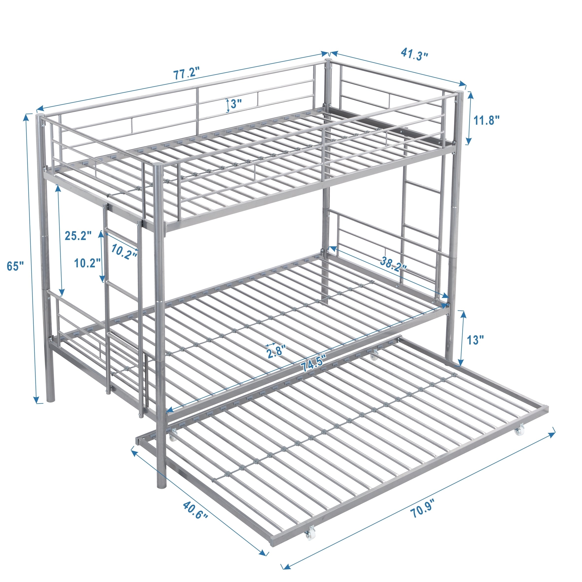 HAOYYE METAL BUNK BED WITH TRUNDLE SILVER Sturdy Space-Saving Heavy Duty Modern Design Easy Assembly Durable Stylish Home Furniture Versatile