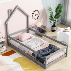 Haoyye Twin Size Wood Bed with House-Shaped Headboard, Floor Bed Frame with Fences and Guardrails, Modern Space-Saving Platform Bed for Bedroom or Dorm, Sturdy Pine Construction, Easy to Assemble, Ideal for Creative and Relaxing Sleep Spaces