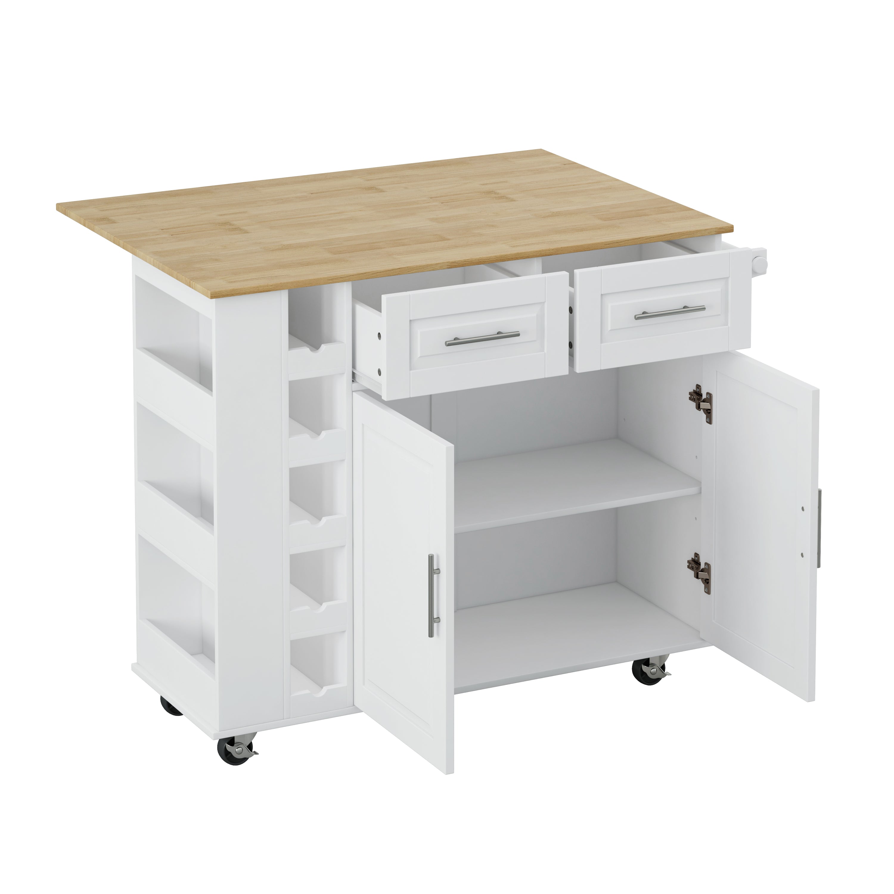HAOYYE Multi-Functional Kitchen Island Cart with 2 Door Cabinet, 2 Drawers, Spice Rack, Towel Holder, Wine Rack, and Foldable Rubberwood Table Top, Sturdy Space-Saving Design, Heavy Duty Modern Style for Kitchen Storage