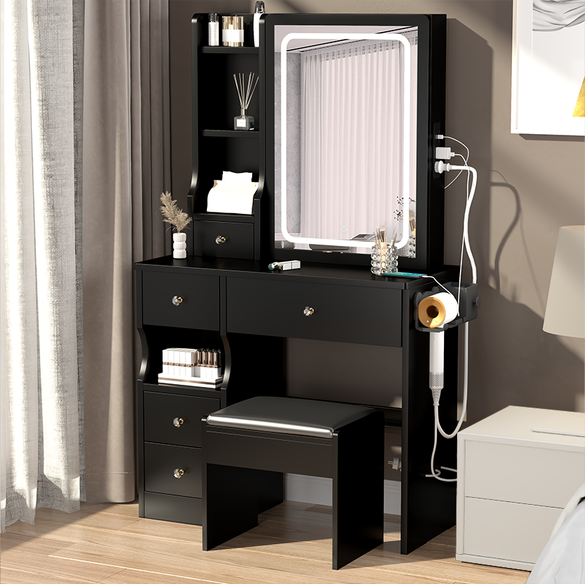 HAOYYE Compact Vanity Table With Left Drawer, Cushioned Stool, Built-In Power Station With 2 AC & 2 USB Ports, Hair Dryer Bracket, Touch-Control Sliding LED Mirror With Adjustable Brightness And Tri-Color Lighting