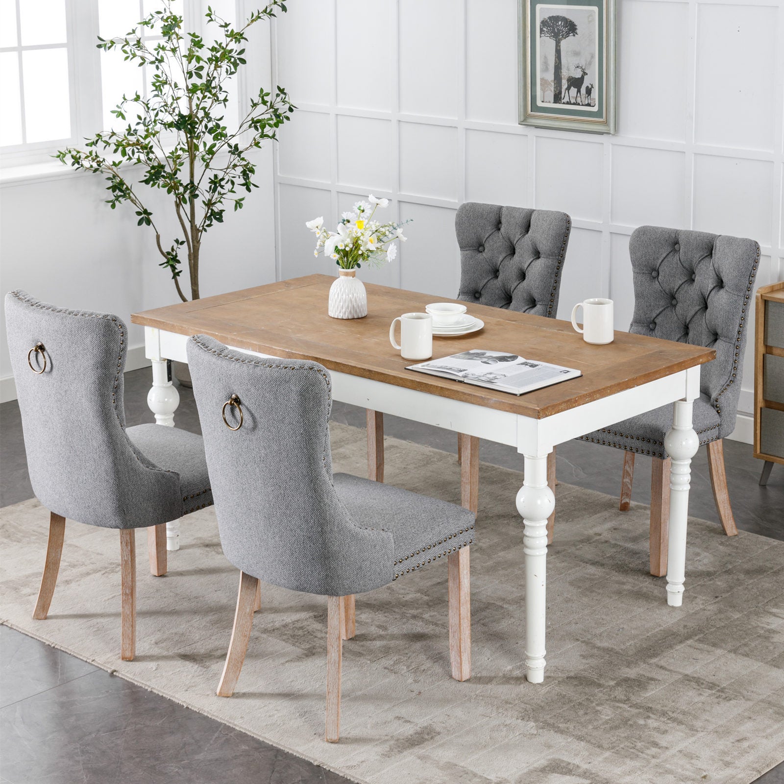HAOYYE Nikki Collection Modern, High-end Tufted Solid Wood Contemporary Flax Upholstered Linen Dining Chair with Wood Legs Nailhead Trim 2-Pcs Set,Gray, SW6801GY Sturdy Space-Saving Heavy Duty Modern Design