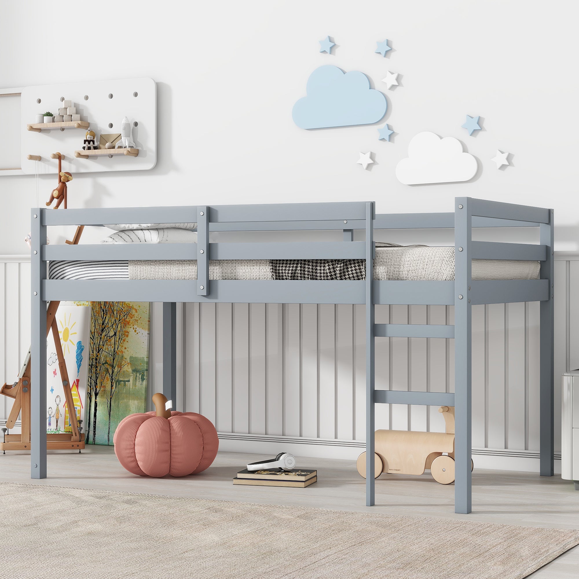 HAOYYE Solid Wooden, Rubber Wooden Twin Loft Bed with Ladder, Bed Platform of Strengthened Slats , Grey Sturdy Space-Saving Heavy Duty Modern Design Adults Dorm Room Easy Assembly Bedroom Furniture