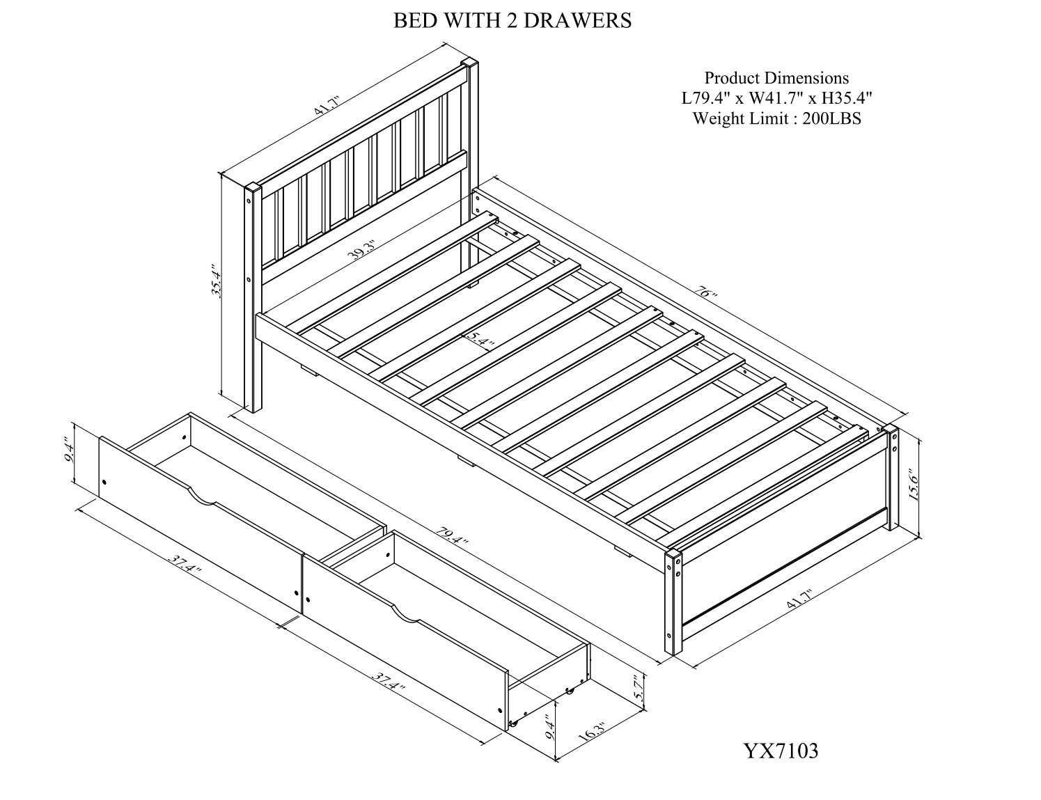 HAOYYE Modern Design Wooden Platform Bed with Two Drawers for White Washed Color Home Furniture Featuring Sturdy Heavy Duty Build, Space Saving Design, Easy Assembly, Durable Quality, Stylish Contemporary Aesthetic and Versatile for Any Living Space