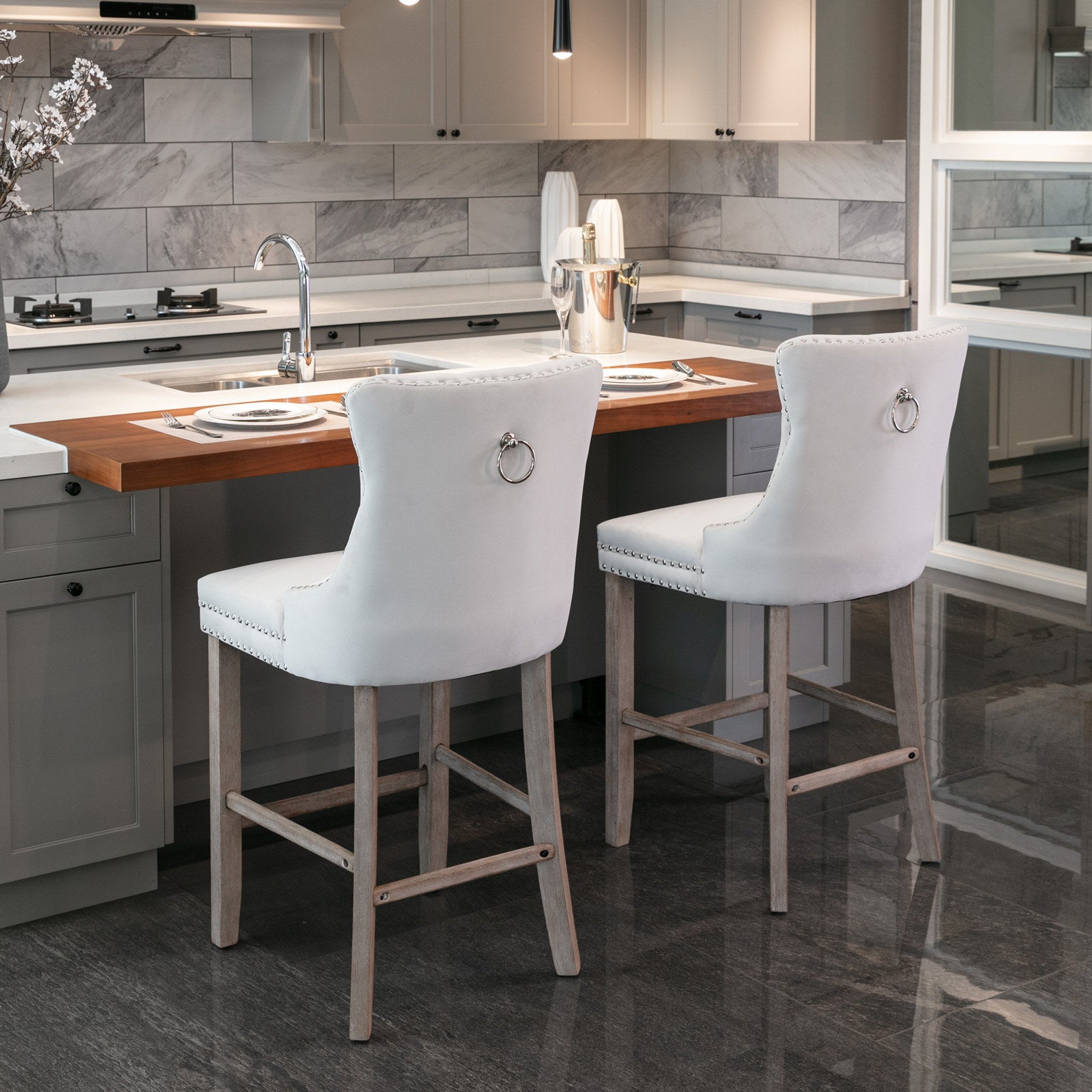 HAOYYE Contemporary Velvet Upholstered Barstools with Button Tufted Decoration and Wooden Legs, and Chrome Nailhead Trim, Leisure Style Bar Chairs,Bar stools, Set of 2 (Beige),SW2002BG Sturdy Space-Saving