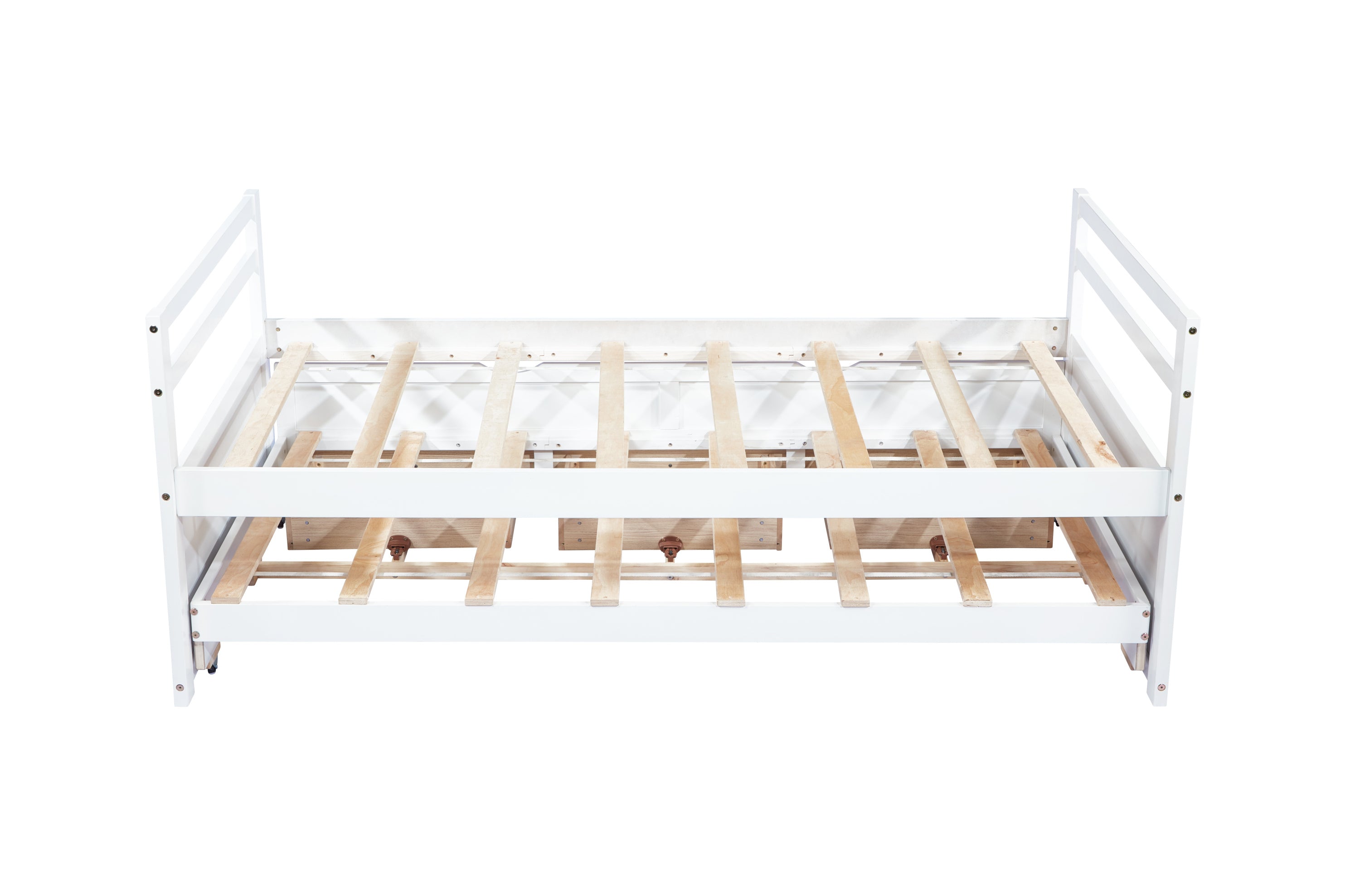 HAOYYE Twin Bed with Headboard, Footboard, Trundle and Storage Drawers, Pine Wood Twin Size Bed, White, Sturdy Space-Saving Heavy Duty Construction, Ideal for Adults and Dorm Rooms