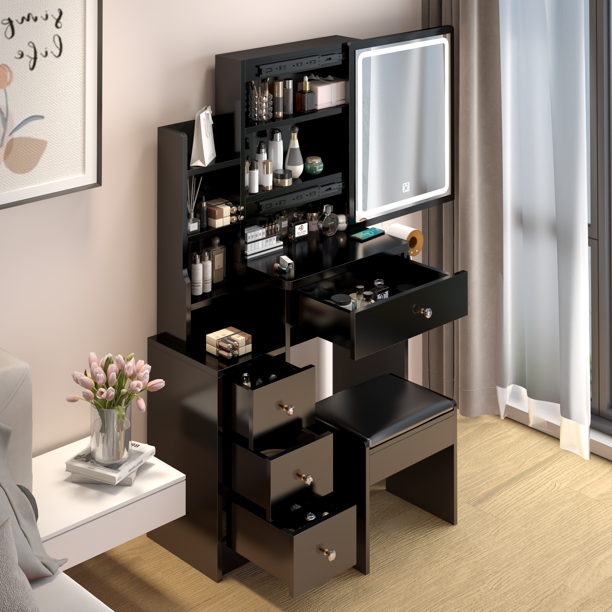 HAOYYE Small Space Left Bedside Cabinet Vanity Table + Cushioned Stool, 2 AC+2 USB Power Station, Hair dryer bracket, Extra Large Touch Control Sliding LED Mirror, Tri-color Switching, Brightness Adjustable